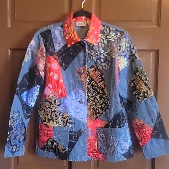 Chico's-Denim patched jacket with red & royal colors, buttoned down front S=6 . - Picture 3 of 10